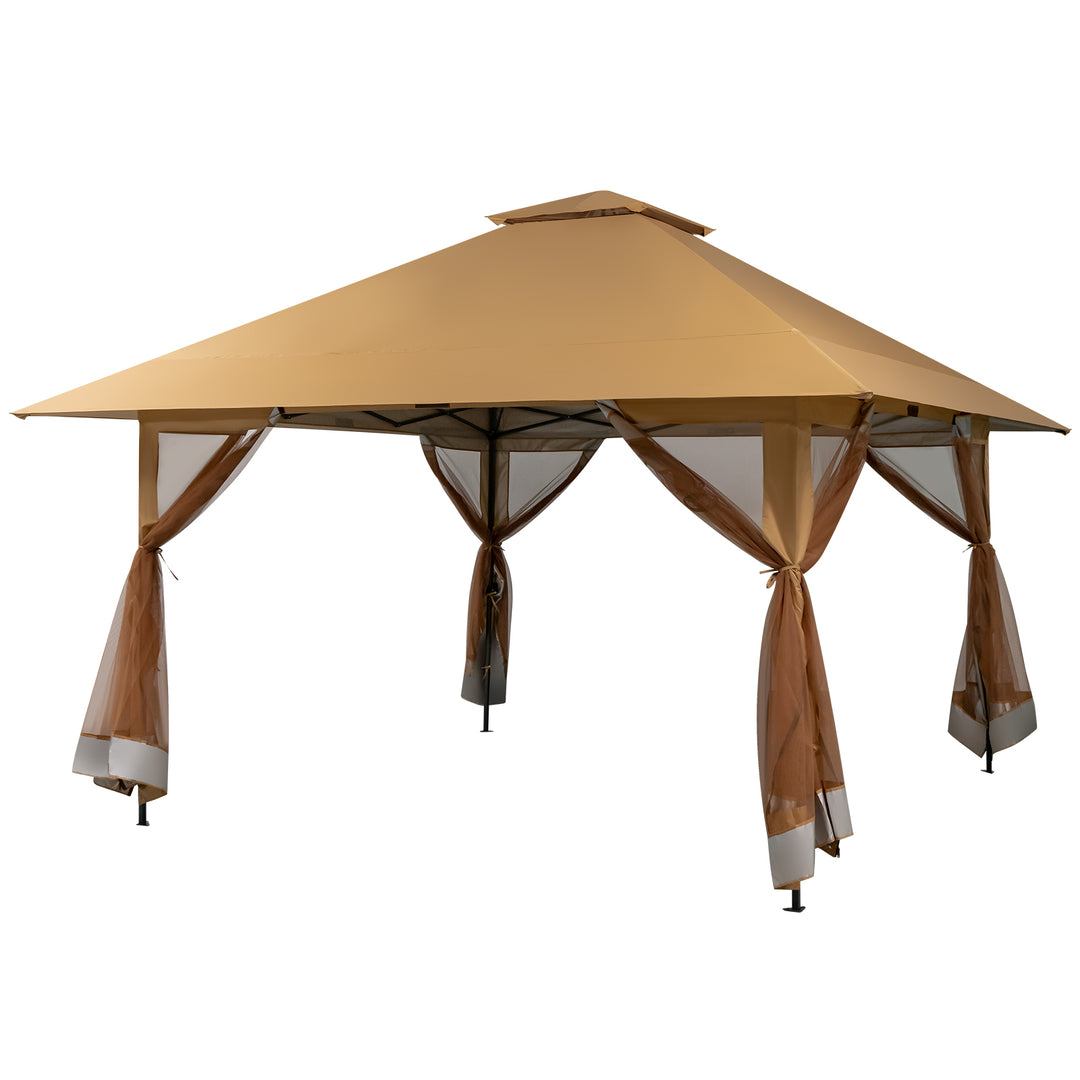 Pop-up Gazebo with Mesh Sidewalls and Adjustable Height-Brown