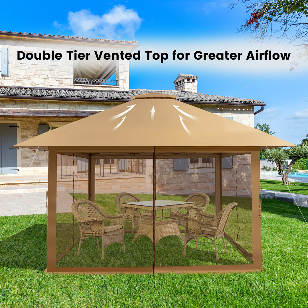 Pop-up Gazebo with Mesh Sidewalls and Adjustable Height-Brown