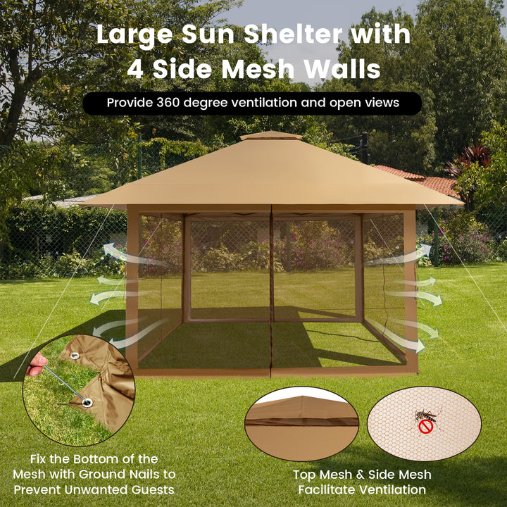 Pop-up Gazebo with Mesh Sidewalls and Adjustable Height-Brown