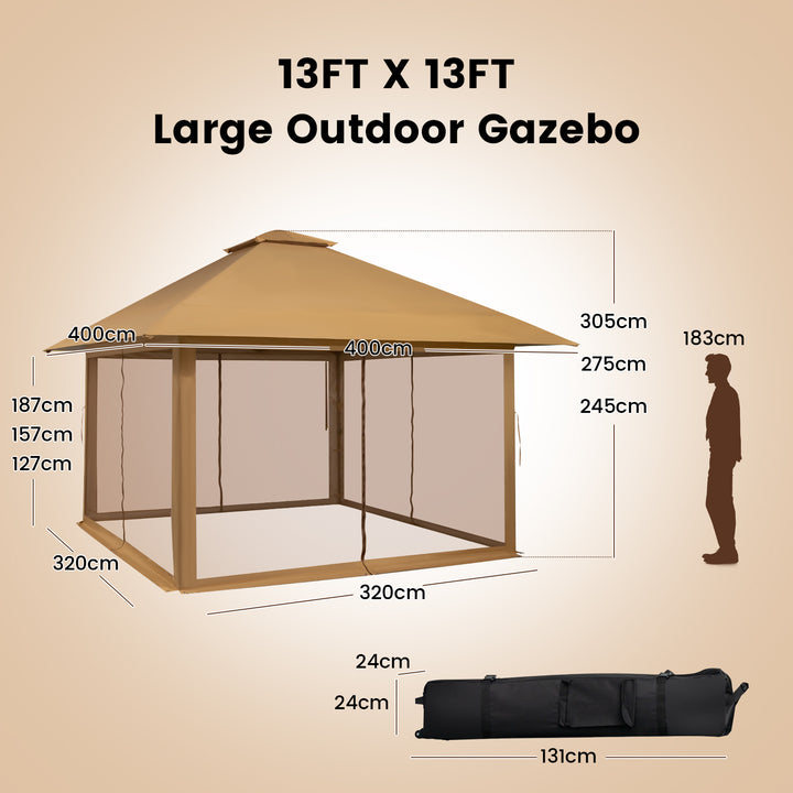 Pop-up Gazebo with Mesh Sidewalls and Adjustable Height-Brown