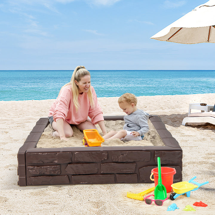 Sandbox with Cover and Bottom Liner for Backyard-Brown