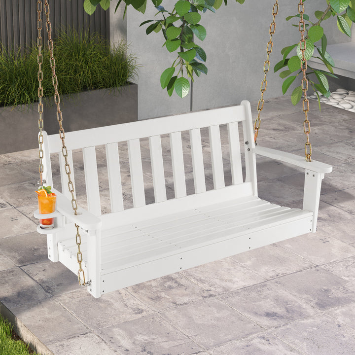 HDPE Porch Swing with Hidden Cup Holder and Adjustable Secure Chains-White