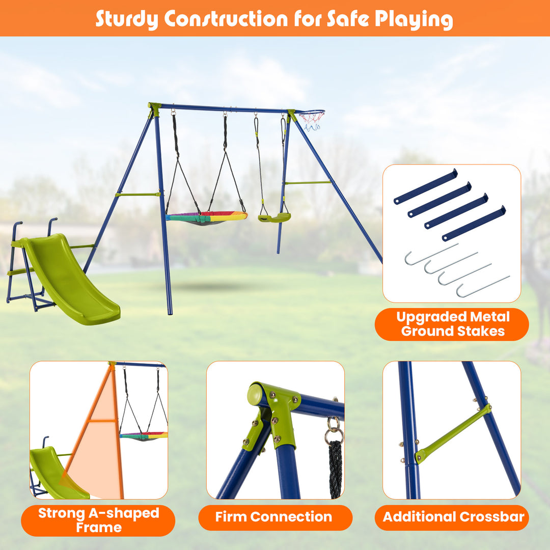 4-in-1 Swing Set Heavy-Duty Metal Playset with Slide and Basketball Hoop