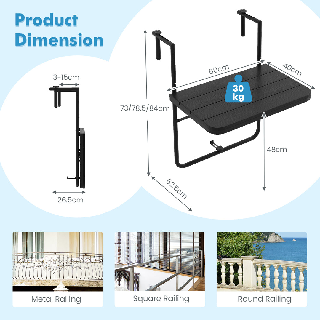 Folding Railing Table with 3-Level Adjustable Height for Patio-Black