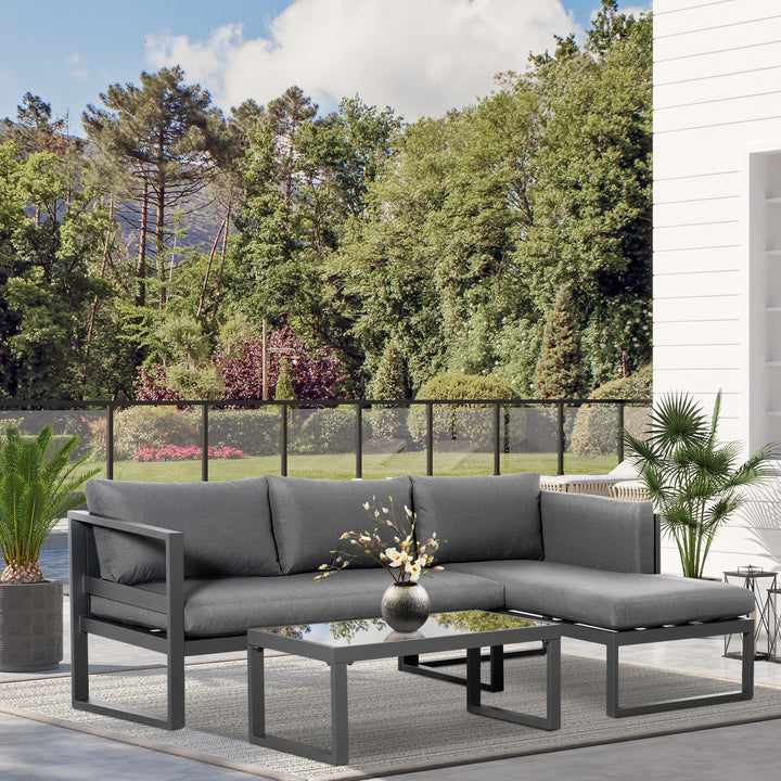 3-Seater L-shape Garden Corner Sofa Set with Padded Cushions, Outdoor Conversation Furniture Set with Glass Coffee Table, Grey