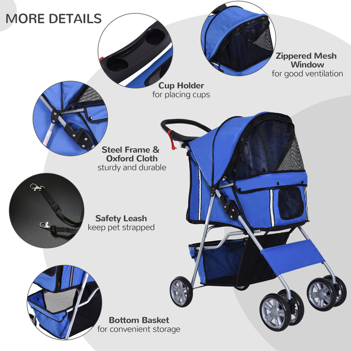 PawHut Dog Pushchair for Small Miniature Dogs Cats Foldable Travel Carriage with Wheels Zipper Entry Cup Holder Storage Basket Blue