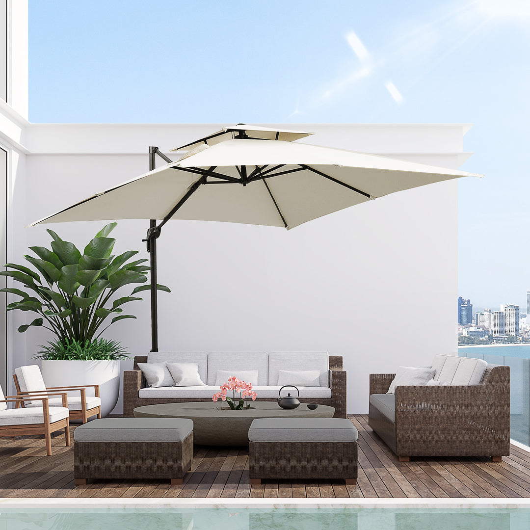 3 x 3(m) Garden Cantilever Parasol with Crank and Tilt, Square Overhanging Patio Umbrella with 360° Rotation, Base Weights and Cover, Beige