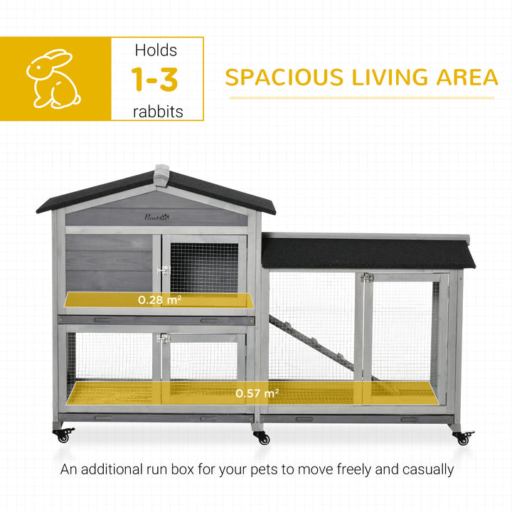 PawHut Two-Tier Rabbit Hutch and Run Wooden Mobile Guinea Pig Hutch Bunny Cage w/ Wheels, Run, Slide-Out Tray, Ramp 157.4 x 53 x 99.5 cm