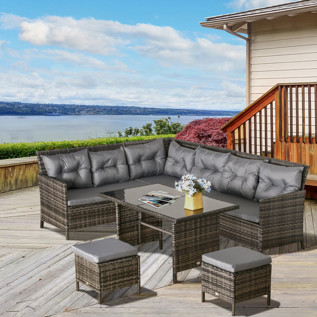 Outsunny 8-Seater Garden Rattan Corner Dining Sofa Set Outdoor Wicker Conservatory Furniture Lawn Patio Coffee Table Foot Stool w/ Cushion, Grey