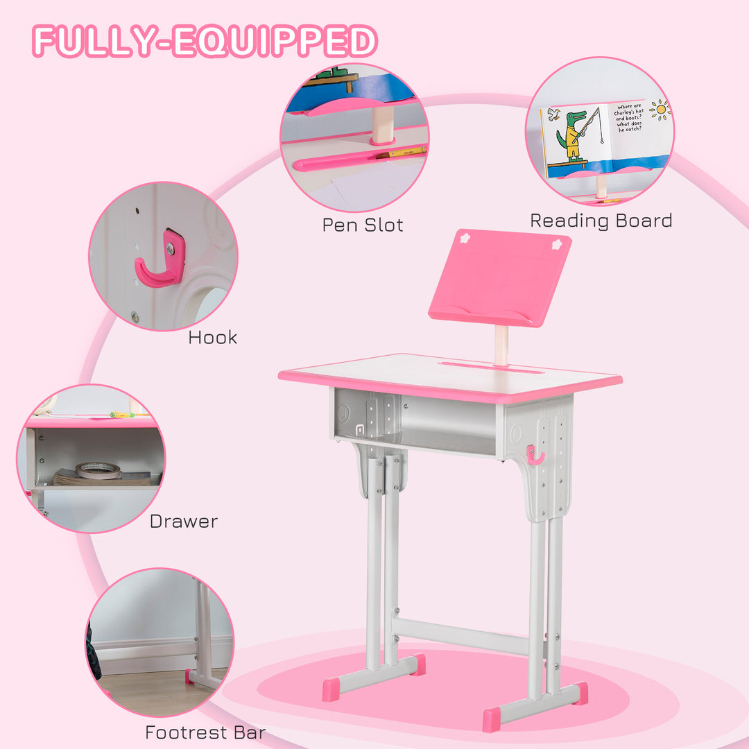 HOMCOM Kids Desk and Chair Set, Height Adjustable Study Table Set with Storage Drawer, Book Stand, Cup Holder, Pen Slot, Pink
