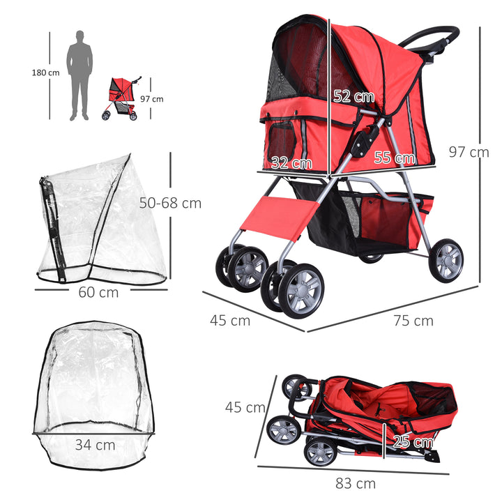 PawHut Dog Stroller with Rain Cover for Small Miniature Dogs, Folding Pet Pram with Cup Holder, Storage Basket, Reflective Strips, Red