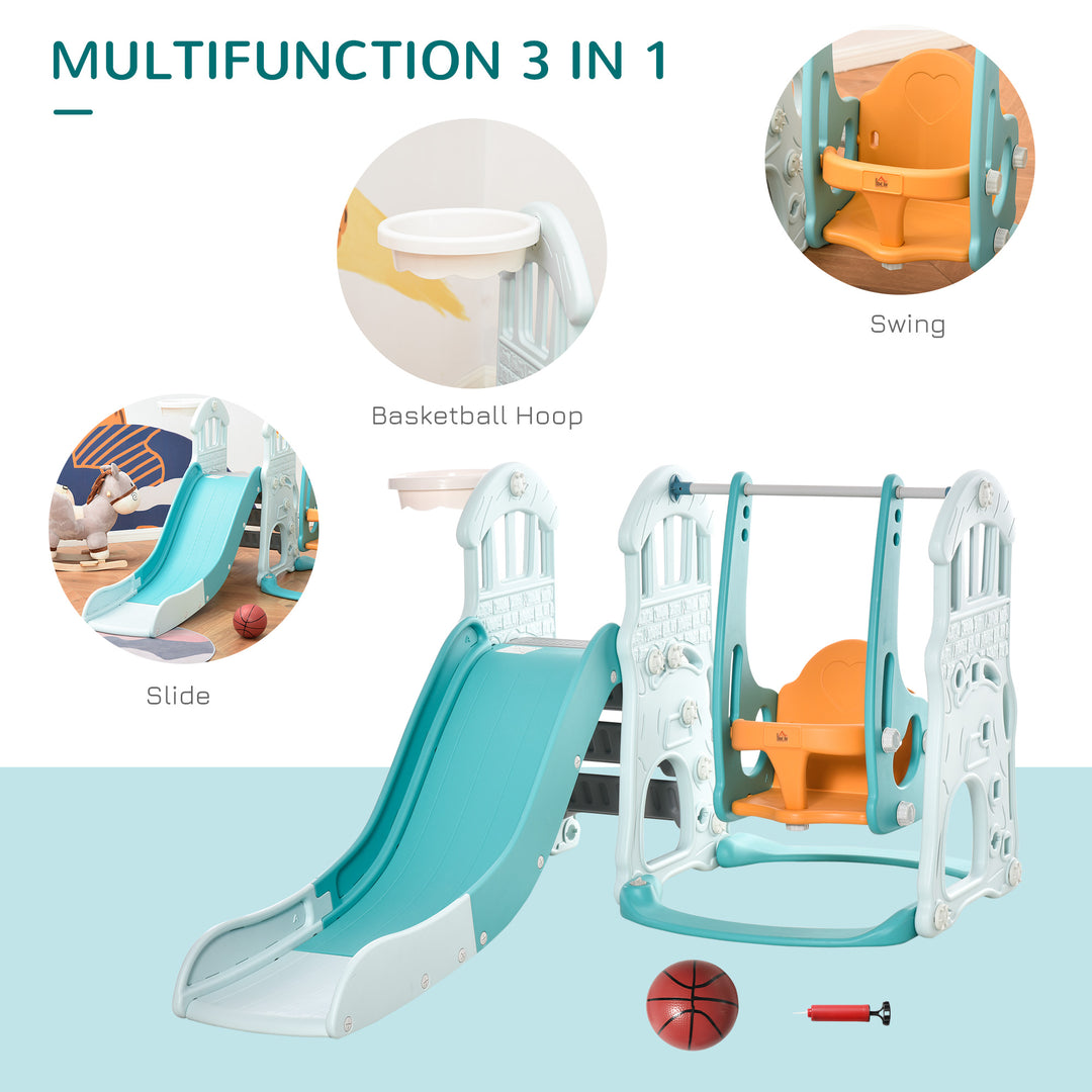 3 in 1 Kids Slide and Swing Set Playset Activity Center with Basketball Hoop Adjustable Height Water-fillable Base Toddler Climber Playground