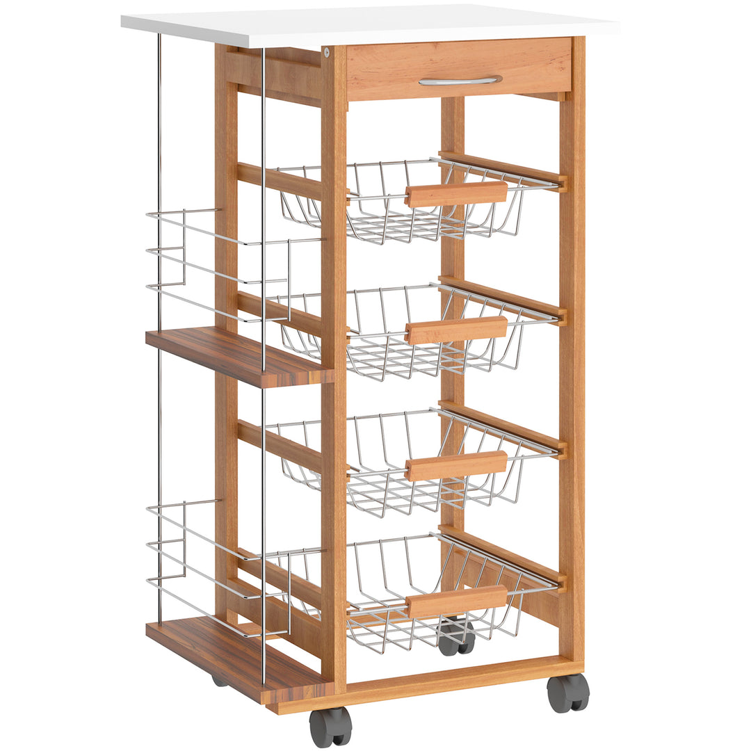 Rolling Kitchen Cart, Utility Storage Cart with 4 Basket Drawers & Side Racks, Wheels for Dining Room, Brown
