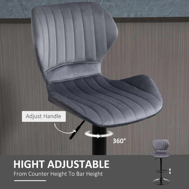 Bar Stool Set of 2 Velvet-Touch Fabric Adjustable Height Swivel Counter Chairs with Footrest, Grey