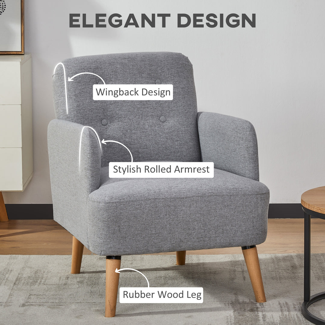 Upholstered Armchair, Nature Wood Frame Living Room Chairs with Birch Wood Legs &amp; Thick Padding Seat and Button Mid-Back, Light Grey