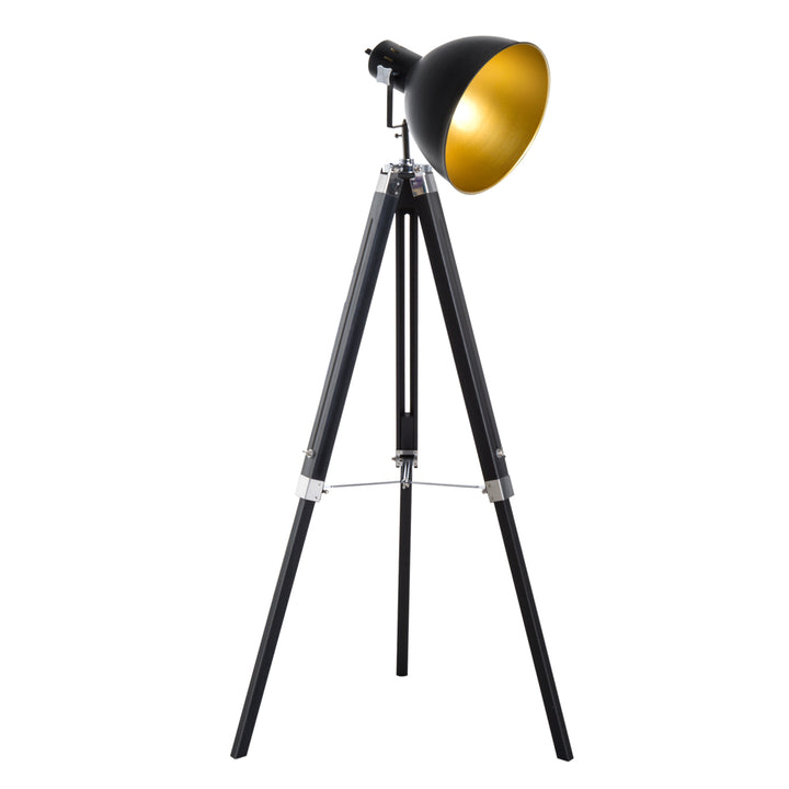 Industrial Floor Lamp for Living Room Tripod Spotlight Reading Lamp w/Wood Legs Metal Shade Adjustable Height Angle Black and Gold