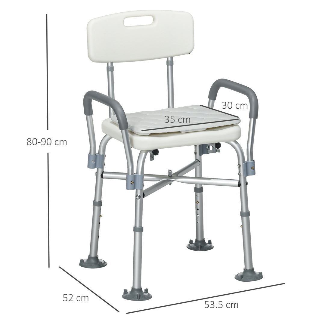 Aluminium Shower Chair with Backs and Arms, Height Adjustable Shower Seat with Removable Padded Cushion, Bath Stool for Seniors, Disabled, Pregnant, White