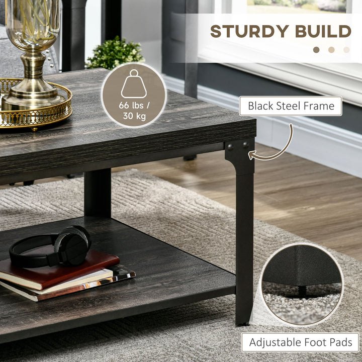 HOMCOM Rustic Coffee Table with Storage Shelf, Cocktail Table with Steel Frame and Thickened Top for Living Room, Dark Walnut