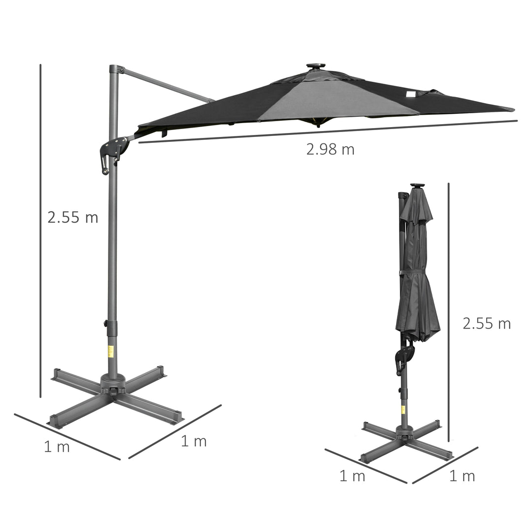 Outsunny 3m Cantilever Roma Parasol Adjustable Garden Sun Umbrella with LED Solar Light, Aluminum Frame, Tilt &amp; Crank, UV50+, Dark Grey
