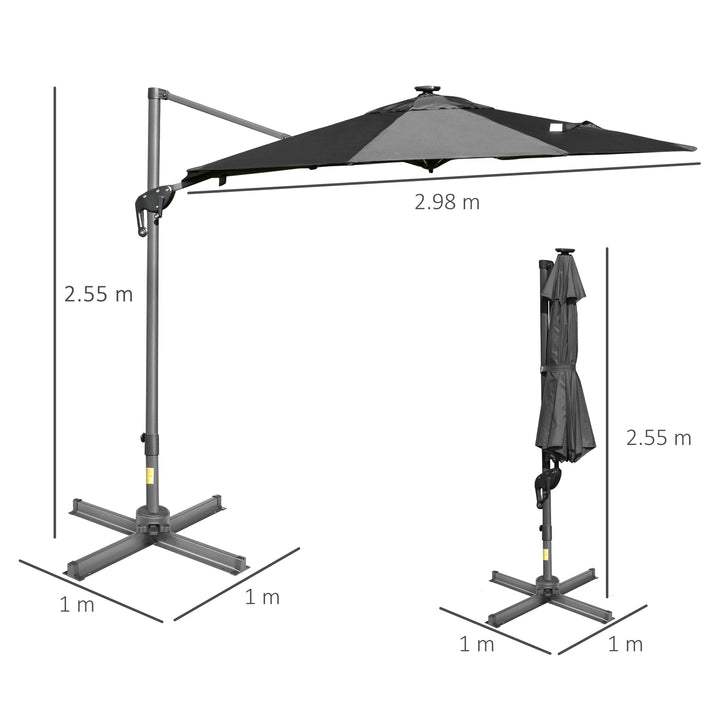 Outsunny 3m Cantilever Roma Parasol Adjustable Garden Sun Umbrella with LED Solar Light, Aluminum Frame, Tilt &amp; Crank, UV50+, Dark Grey