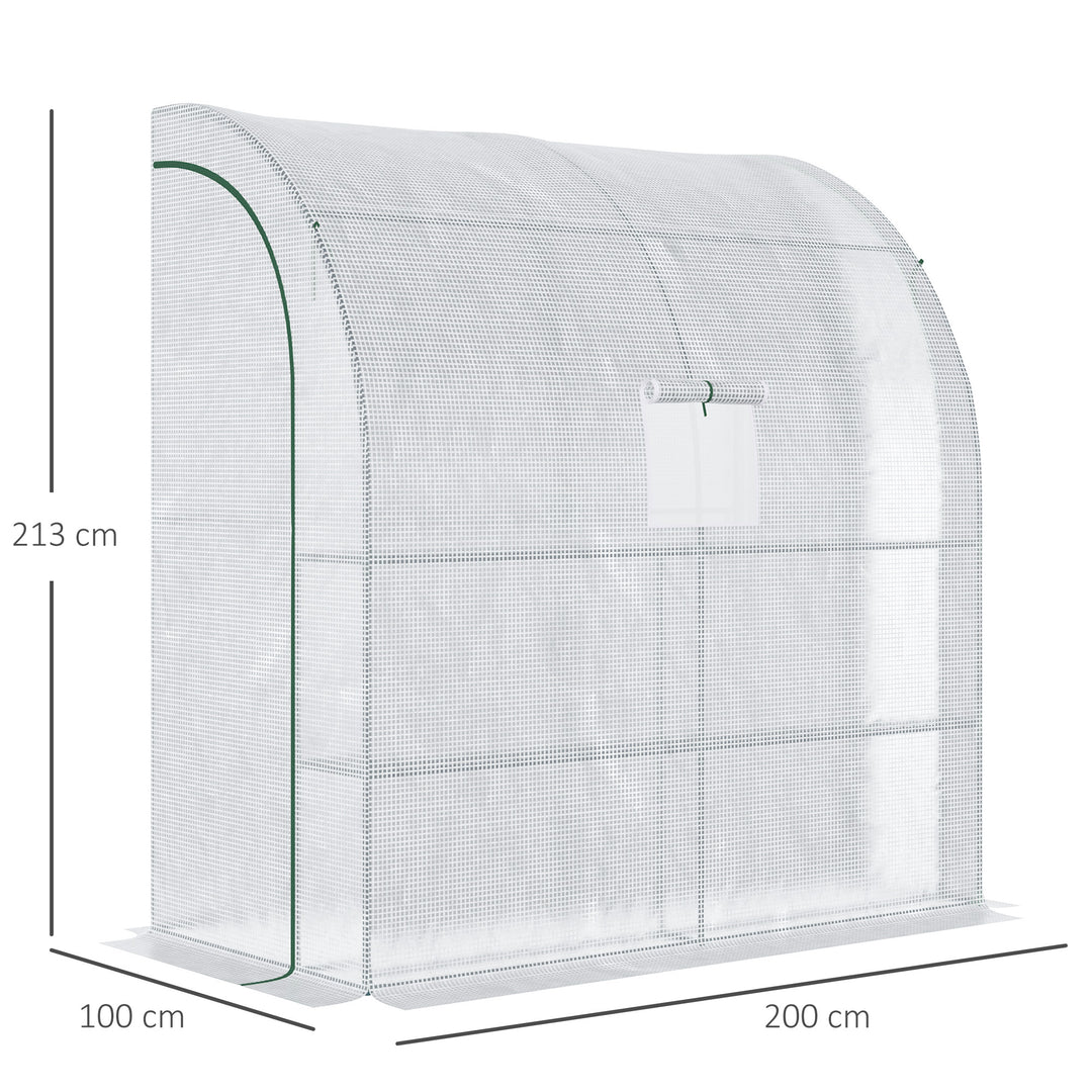 Outsunny Walk-In Lean to Wall Greenhouse with Windows and Doors 2 Tiers 4 Wired Shelves 200L x 100W x 213Hcm White