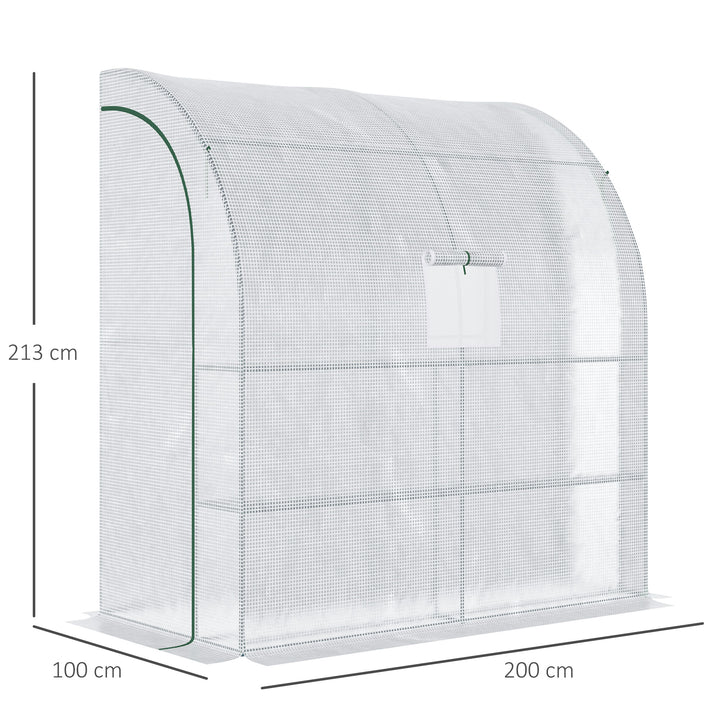 Outsunny Walk-In Lean to Wall Greenhouse with Windows and Doors 2 Tiers 4 Wired Shelves 200L x 100W x 213Hcm White