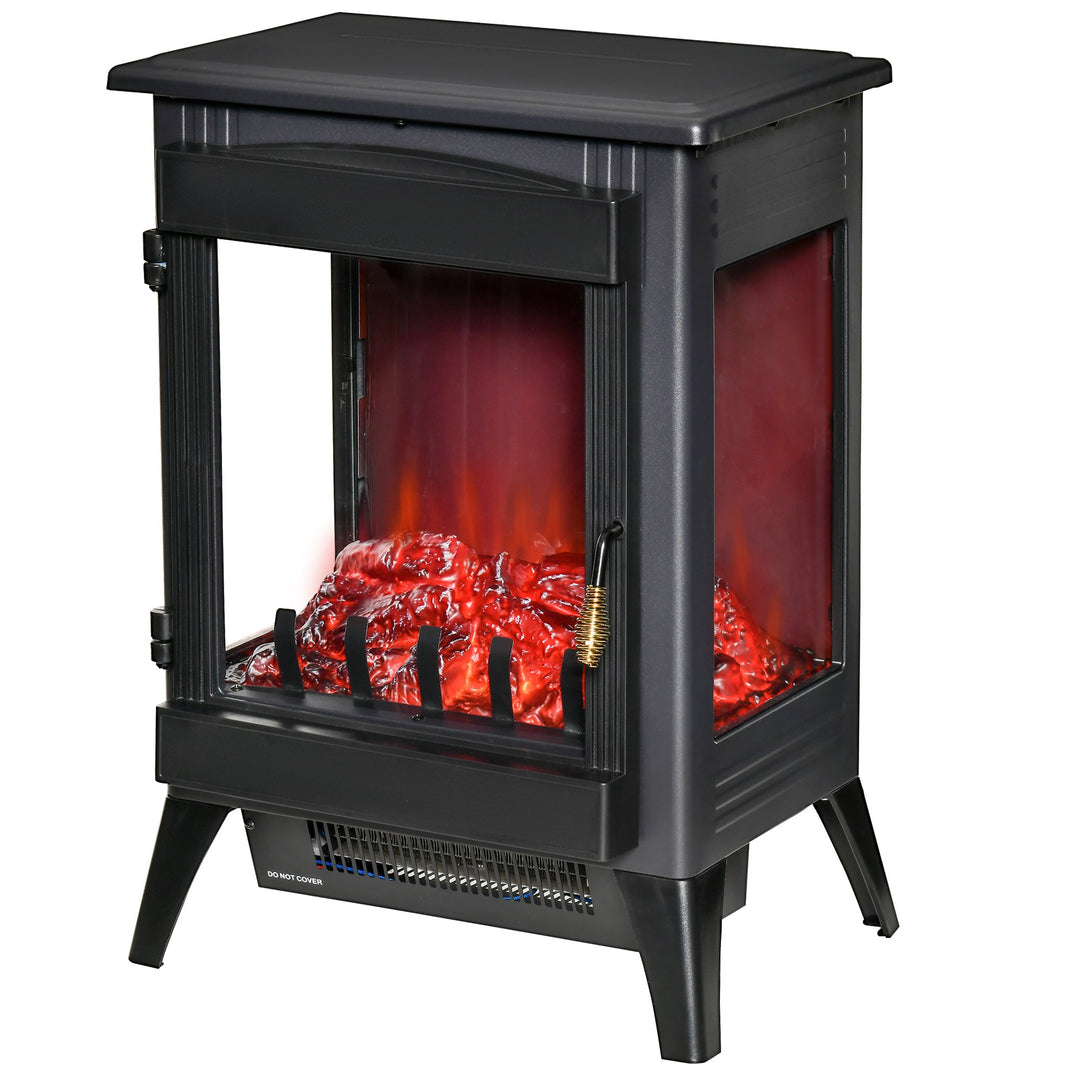 Free standing Electric Fireplace Stove, Fireplace Heater with LED Flame Effect, 3-sided Tempered Glass, Overheat Protection, 1000W/2000W, Black