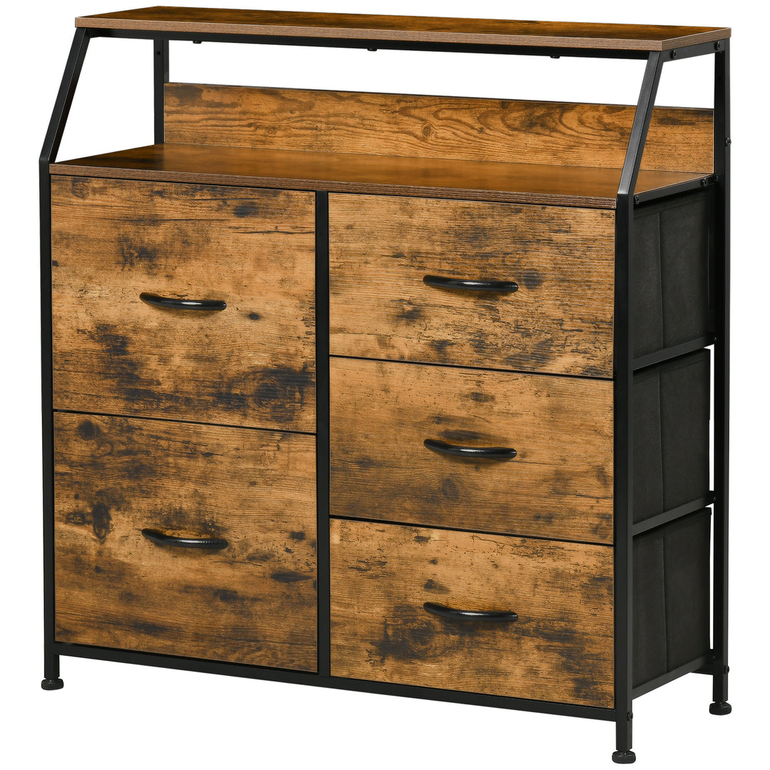 Bedroom Chest of Drawers, Industrial 5 Fabric Drawer Dresser with Open Shelf for Living Room, Rustic Brown