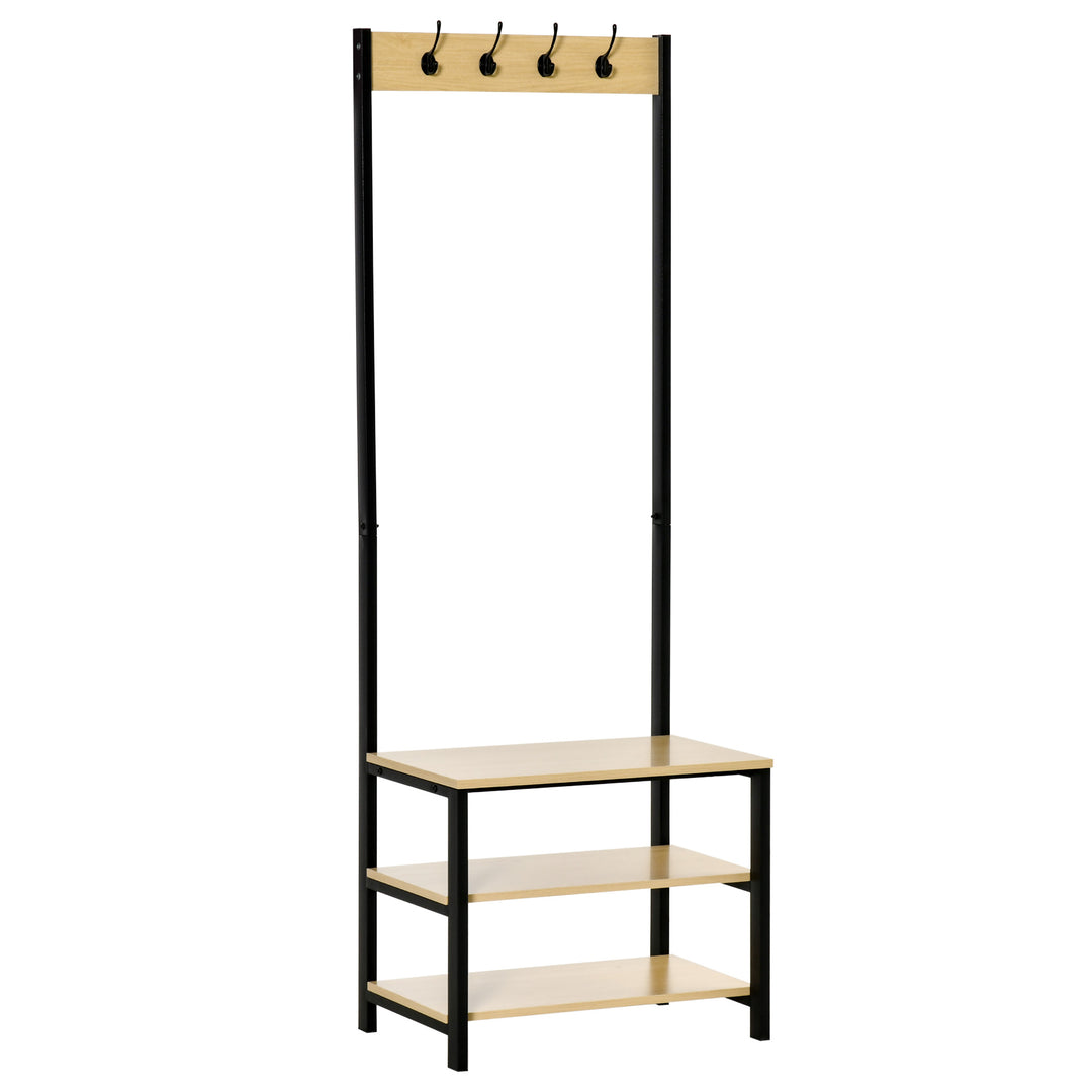 4 Hooks Wooden Garment Rack Freestanding Coat Rail Storage Shelves Metal Tidy Shoes Clothes Stand Entryway Furniture - 60L x 40W x 175H (cm)