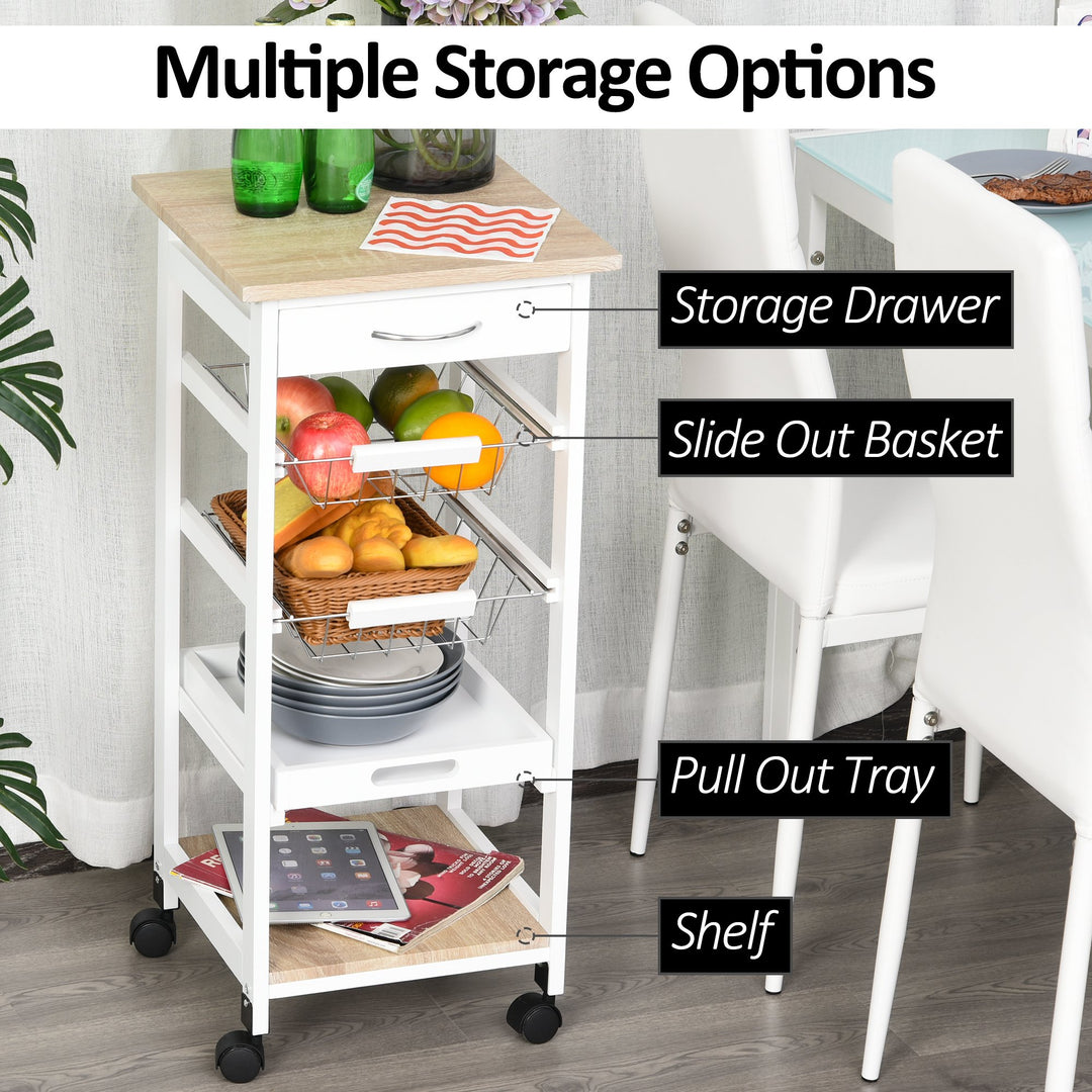 Mobile Rolling Kitchen Island Trolley for Living room, Serving Cart with Drawer & Basket, White