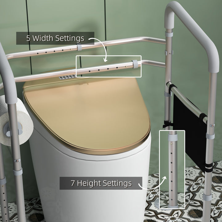 Free Standing Toilet Frame, Height and Width Adjustable Toilet Safety Frame with Arms, 2 Additional Suction Cups, Storage for Elderly, Senior, Disabled, Handrail Grab Bar, 136kg Weight Capacity