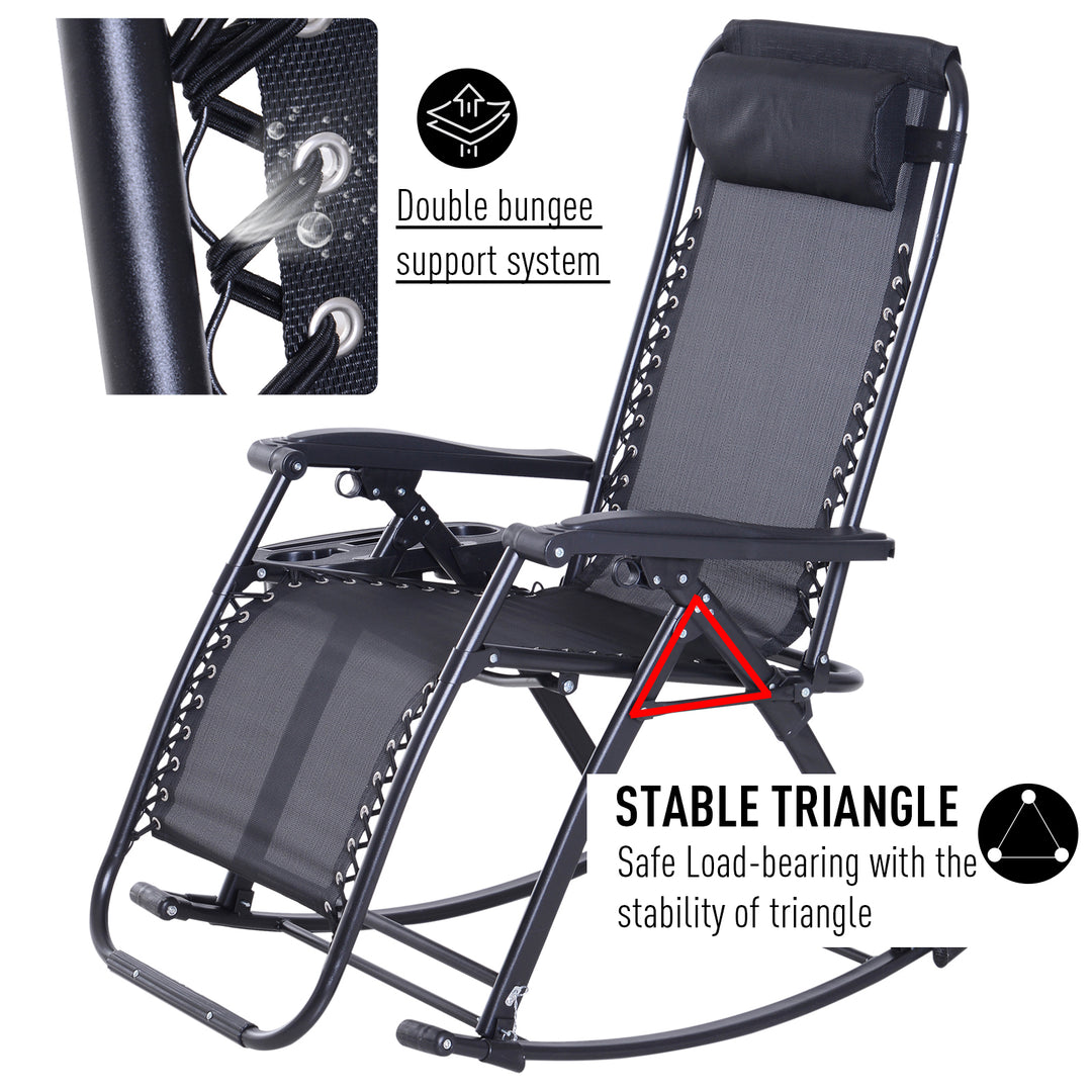 Rocking Chair Folding Recliner Outdoor with Headrest Side Holder Patio Deck - Black