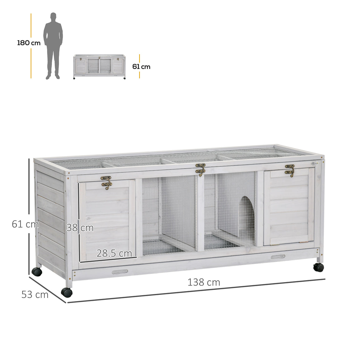 PawHut Wooden Rabbit Hutch, Mobile Guinea Pig Cage, Separable Bunny Run, Small Animal House with Wheels, Slide-out Tray, 138 x 53 x 61cm, Light Grey