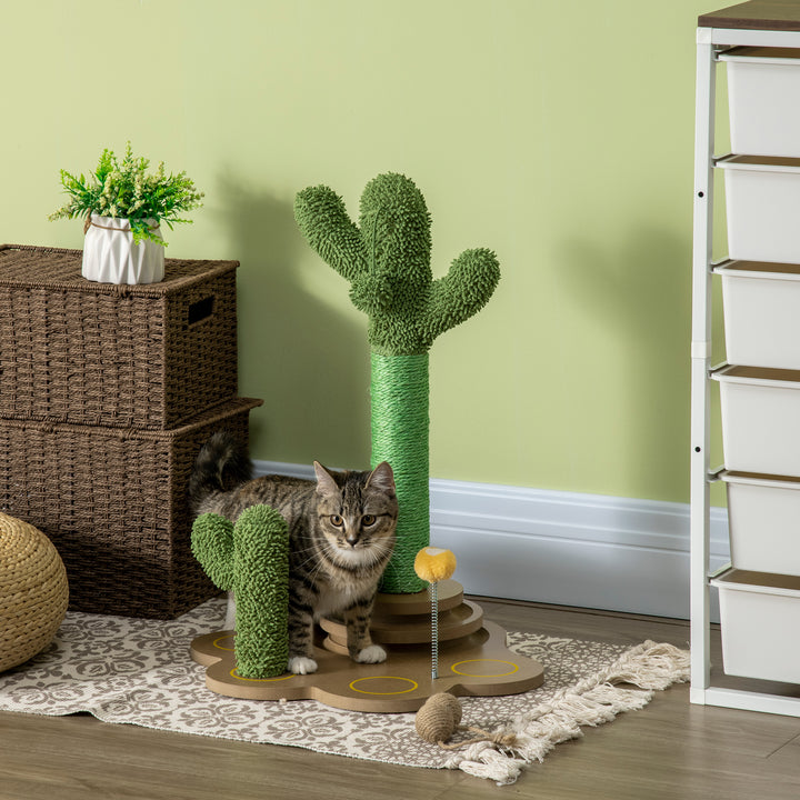PawHut 60cm Cactus-shaped Cat Tree, Kitty Activity Center with Turntable Interactive Ball Toys, Chenille Cat Tower with Sisal Scratching Post, Green