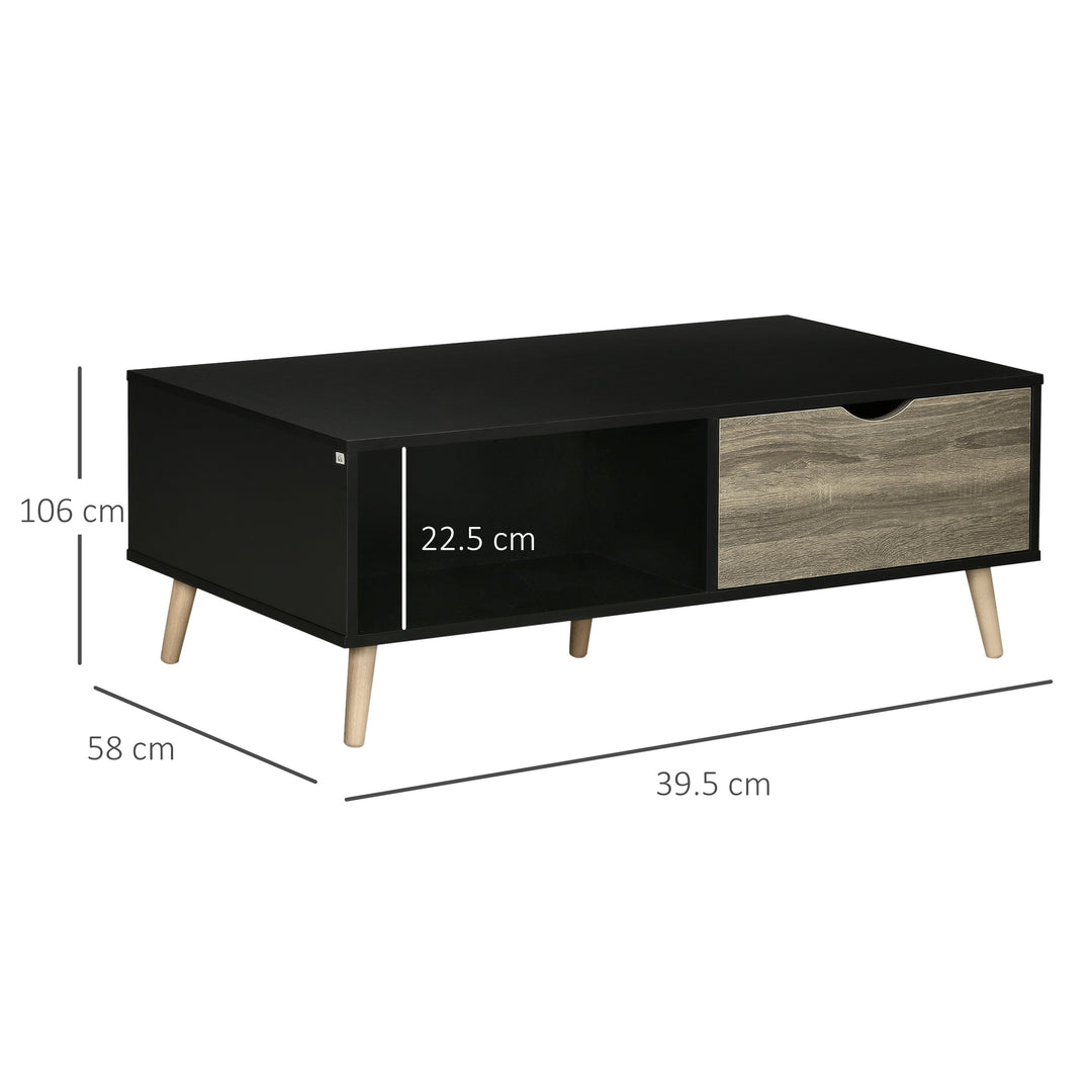 Coffee Table, Modern Tea Table with Open Storage Shelves, Two Drawers and Solid Wood Legs, Coffee Tables for Living Room, Bed Room, Black
