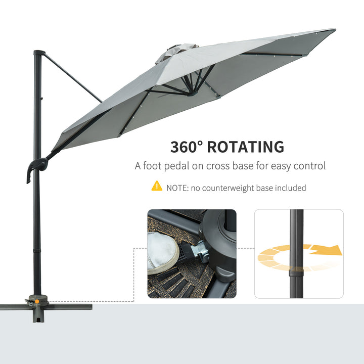 Outsunny 3(m) Cantilever Roma Parasol Patio Sun Umbrella with LED Solar Light Cross Base 360° Rotating Outdoor, Grey