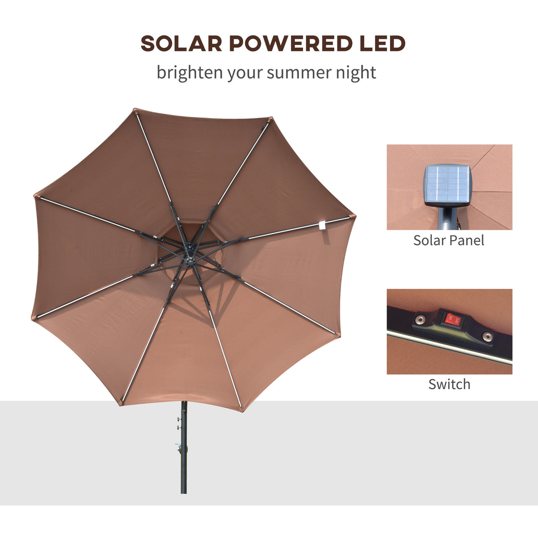 Outsunny 3(m) Cantilever Parasol Banana Hanging Umbrella with Double Roof, LED Solar lights, Crank, 8 Sturdy Ribs and Cross Base for Outdoor, Coffee