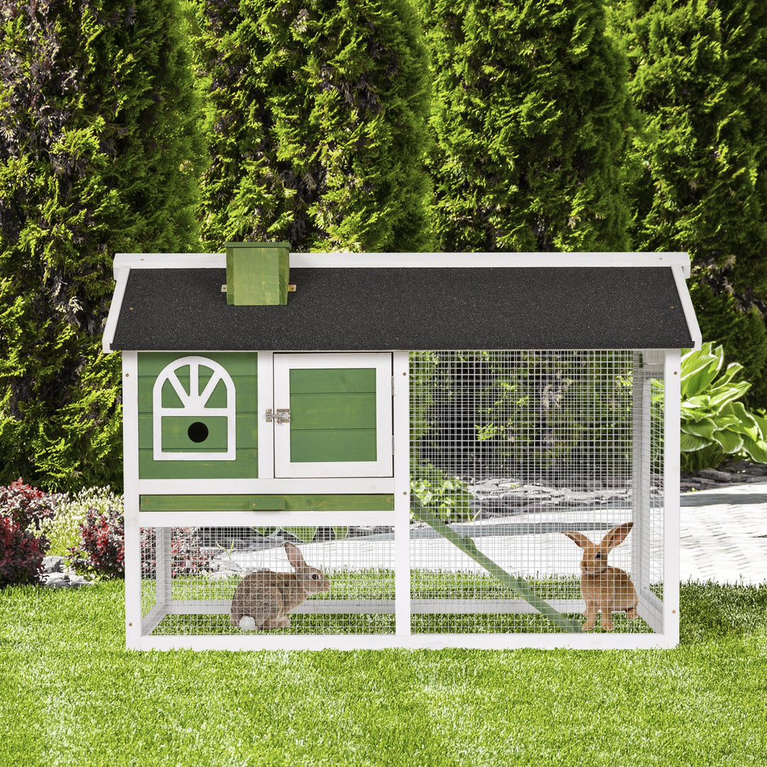 PawHut Rabbit Hutch Wood Bunny Rabbit Cage for Outdoor Indoor with Pull Out Tray Run Box Ramp Asphalt Roof for Small Animals Green