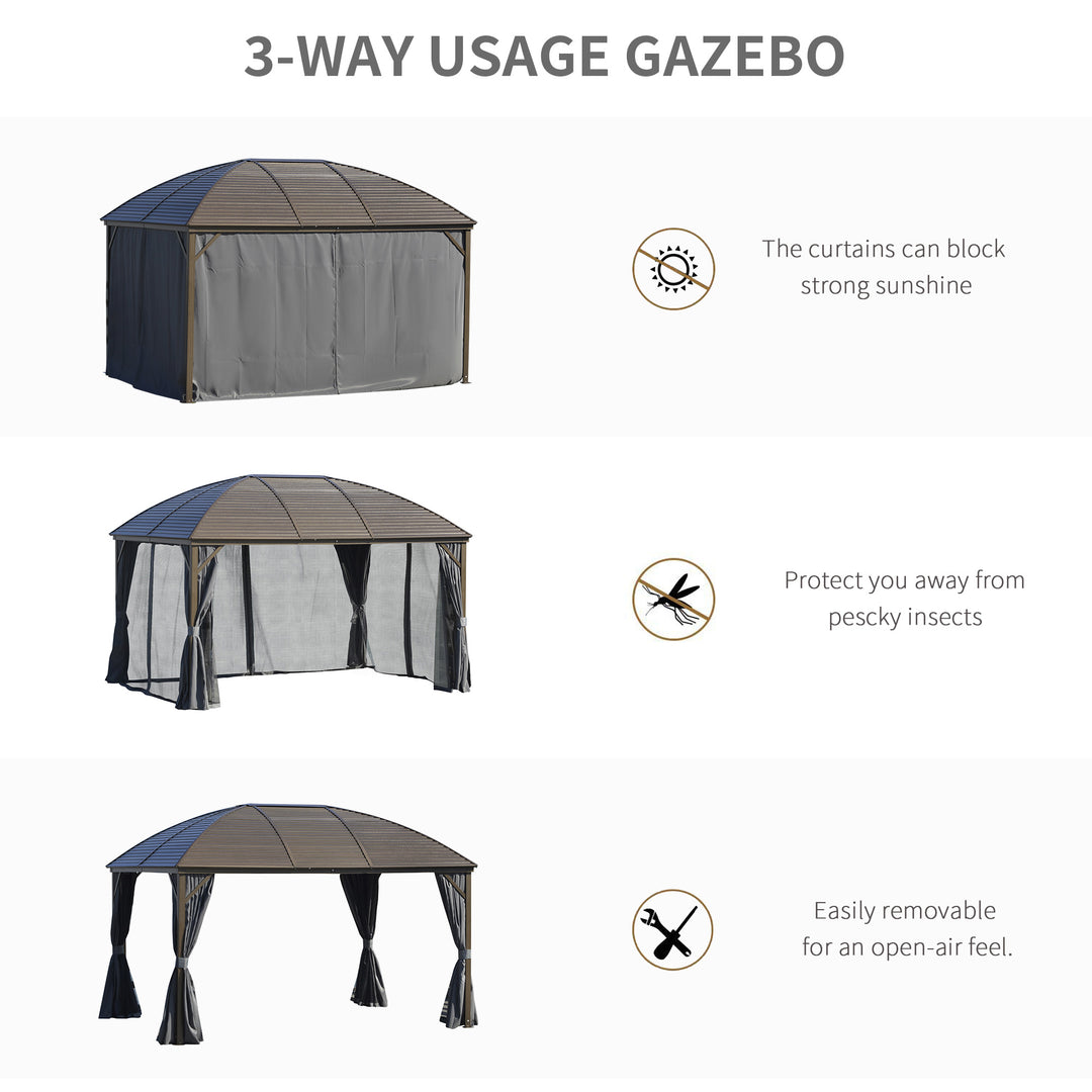 Outsunny 4 x 3(m) Patio Aluminium Gazebo Hardtop Metal Roof Canopy Party Tent Garden Outdoor Shelter with Mesh Curtains &amp; Side Walls, Dark Grey