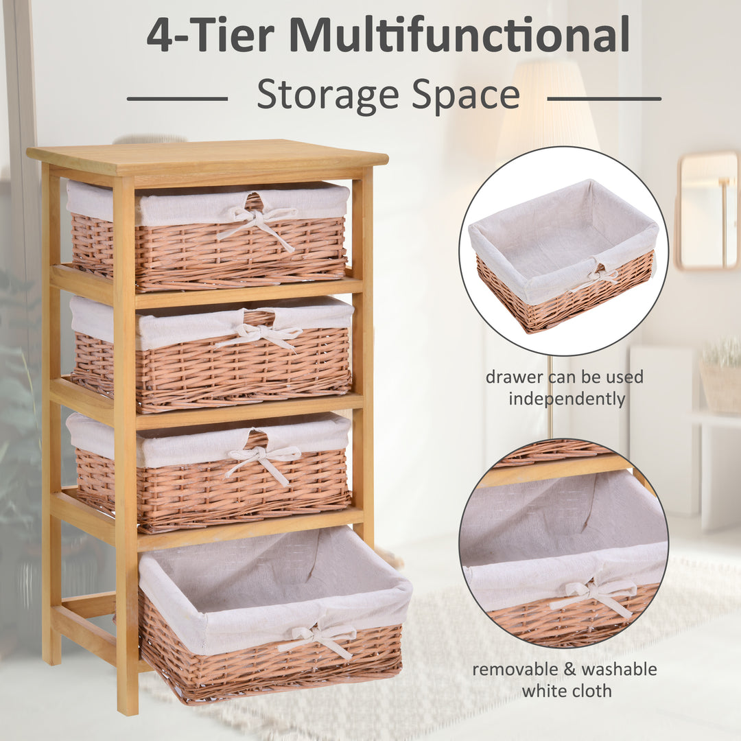 4 Drawer Dresser Wicker Basket Storage Shelf Unit Wooden Frame Home Organisation Cabinet Bedroom Office Furniture Natural Finish 73x40cm