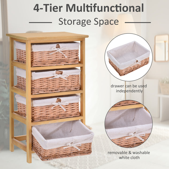 4 Drawer Dresser Wicker Basket Storage Shelf Unit Wooden Frame Home Organisation Cabinet Bedroom Office Furniture Natural Finish 73x40cm