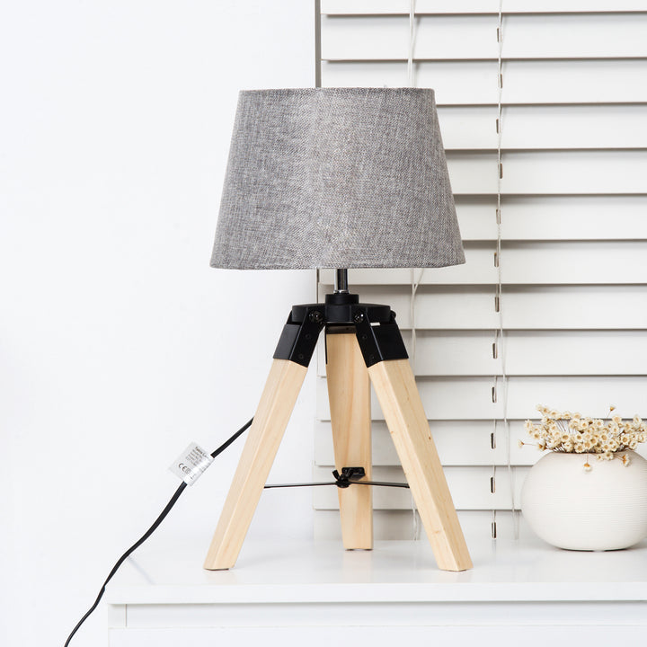 Wooden Tripod Table Lamp for Side, Desk or End Table with E27 Bulb Base（Grey Shade）