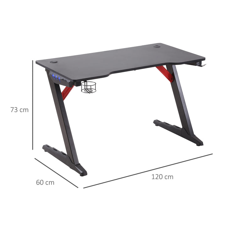 HOMCOM Racing Style Gaming Desk with LED Lights, Z-Shaped Computer Table Workstation with Cup Holder, Headphone Hook for Study, Home Office, Black