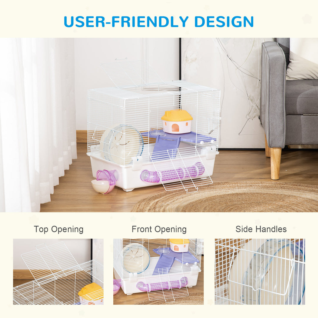 PawHut Hamster Cage, Gerbil Haven, Multi-storey Rodent House, Small Animal Habitats, Large Hide-out, w/ Water Bottle, White