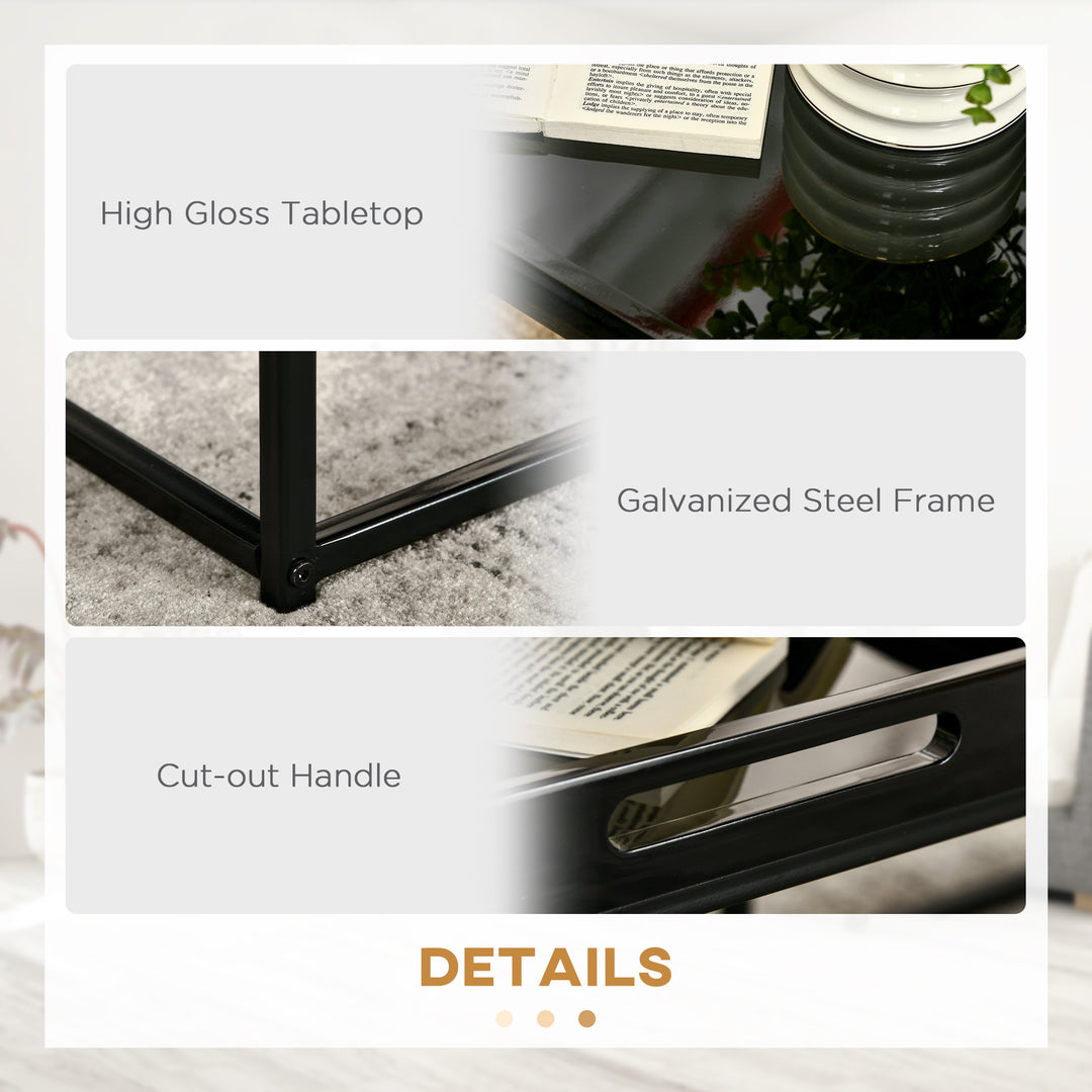 Modern Coffee Table Set of 2, Square Nest of Tables with Steel Frame and High Gloss Effect for Living Room, Black