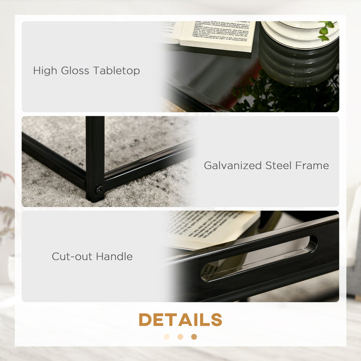 Modern Coffee Table Set of 2, Square Nest of Tables with Steel Frame and High Gloss Effect for Living Room, Black