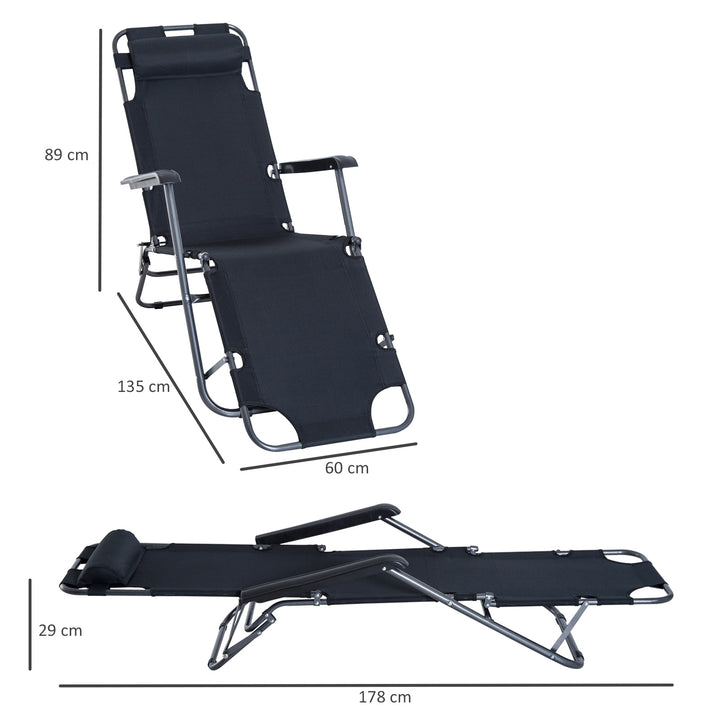 Outsunny 2 in 1 Sun Lounger Folding Reclining Chair Garden Outdoor Camping Adjustable Back with Pillow (Black)