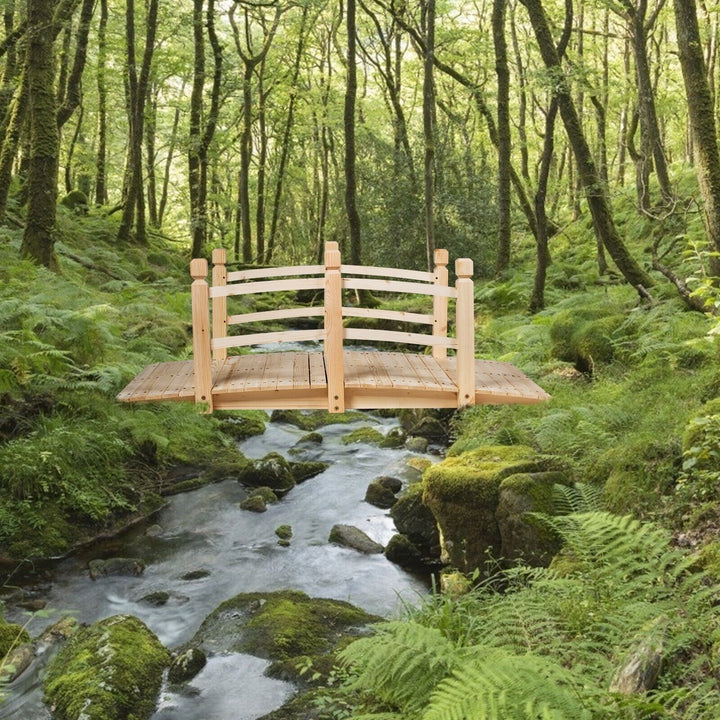 Wooden Garden Bridge with Safety Railings for Yard Patio-Natural