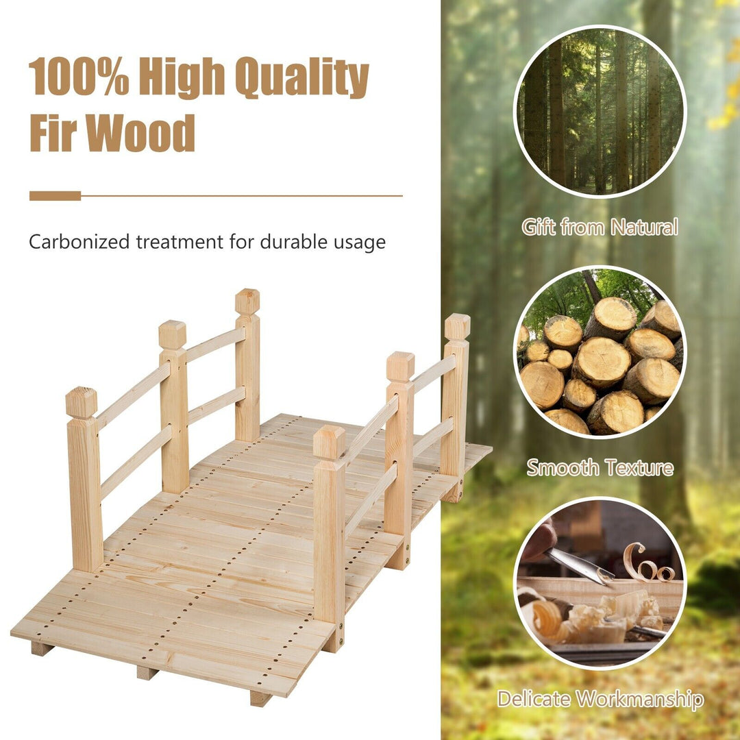 Wooden Garden Bridge with Safety Railings for Yard Patio-Natural