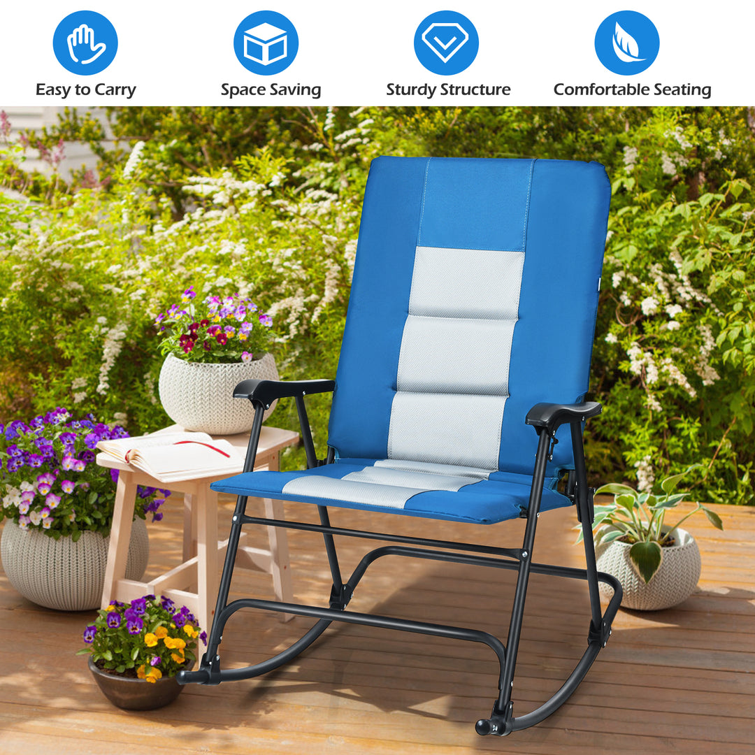 Foldable Padded Rocking Chair with High Back and Armrest-Blue
